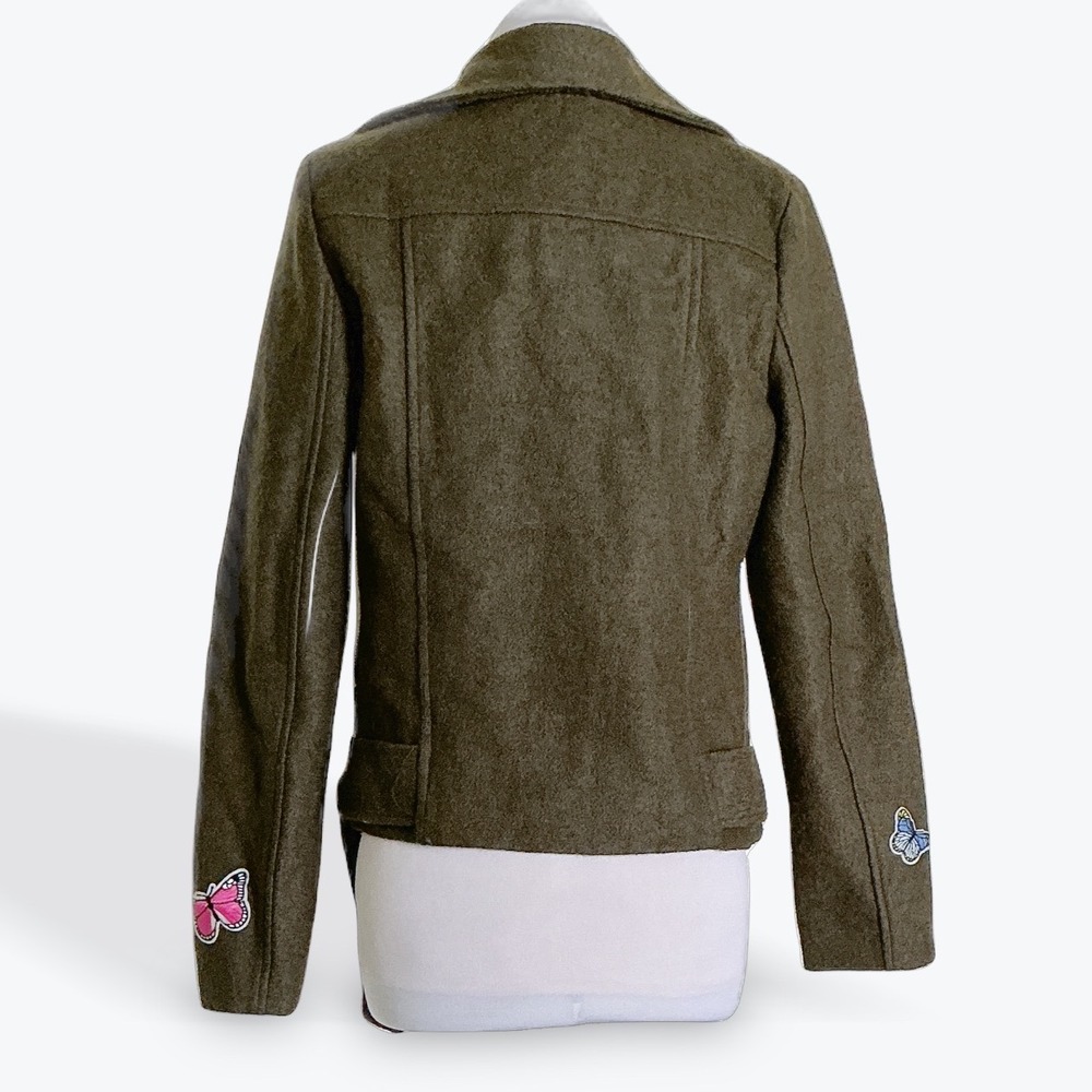 Signature Eight Butterfly Embroidered Moto Jacket Olive Green Wool Biker Small - Picture 10 of 13
